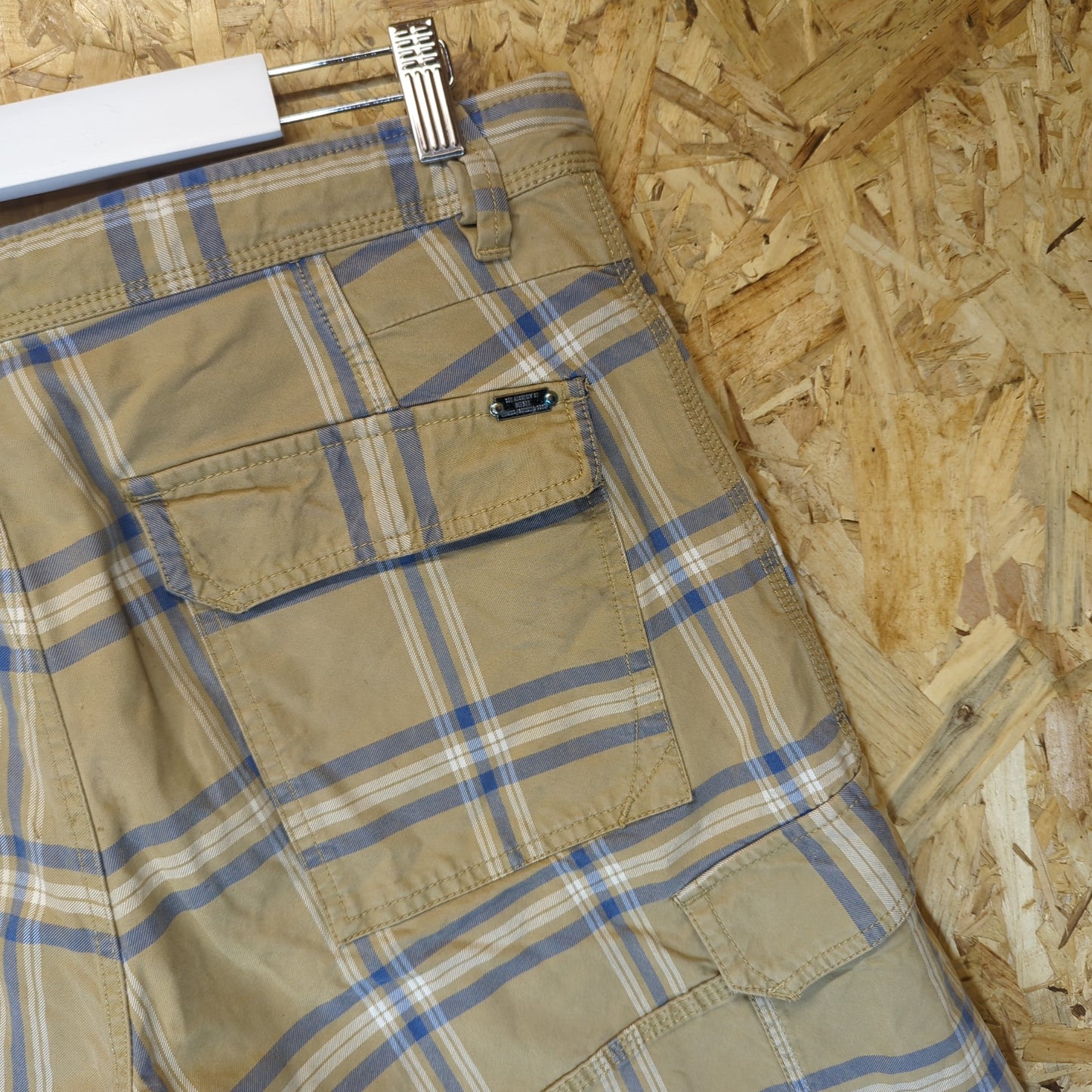 Diesel Beige Blue Check Cargo Pocket Shorts Cotton Baggies Canvas Mens Size W32