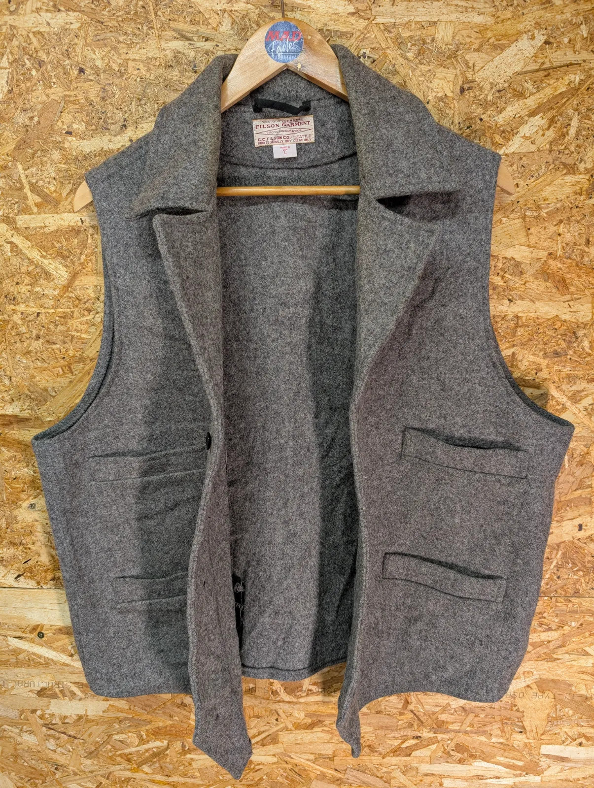 Filson Western Vest Mens Large Heather Grey Mackinaw Wool USA Made Collared