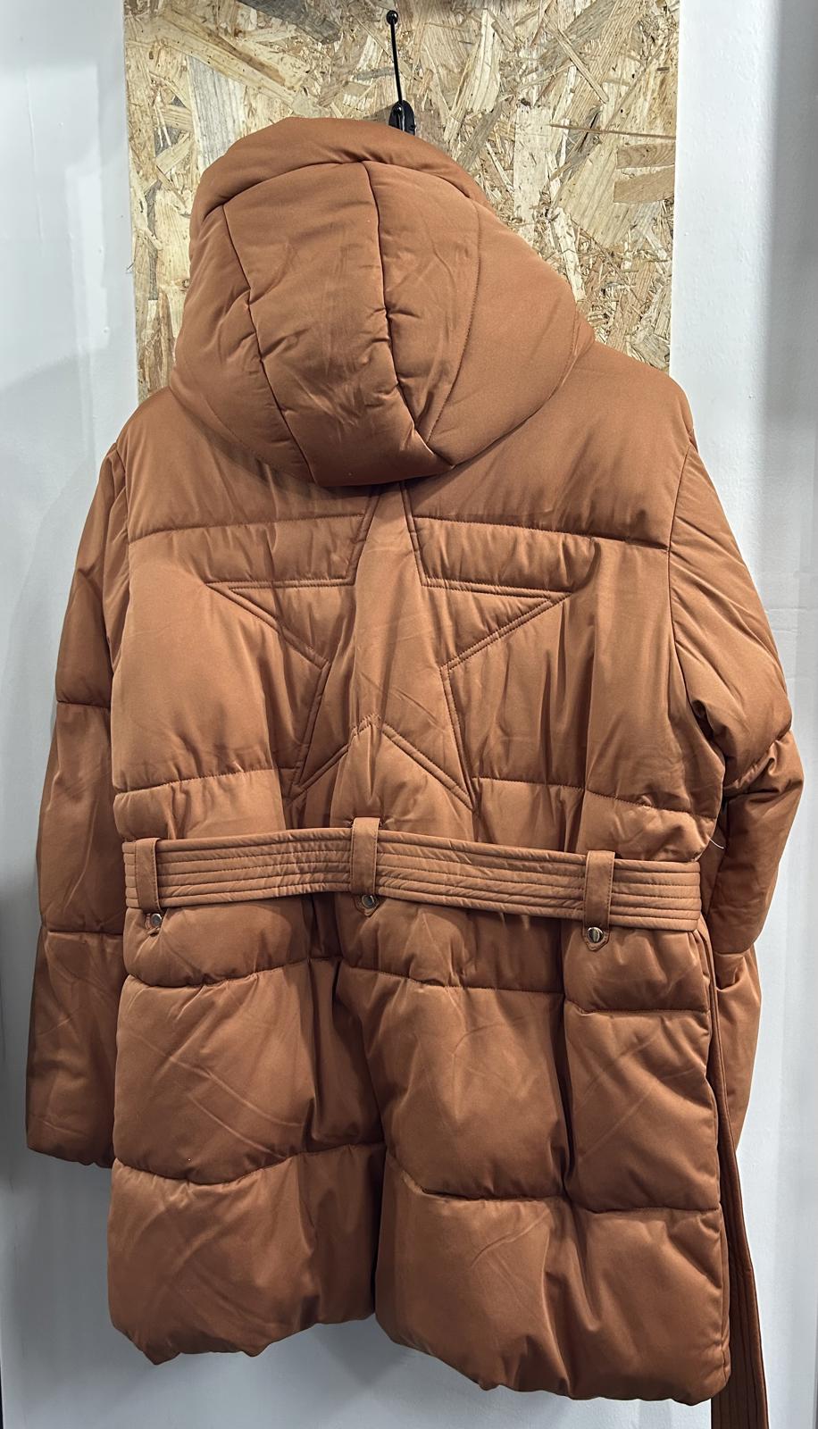 Avec Les Filles Womens Large Orange Puffa Jacket Hip Length Padded Belted Coat