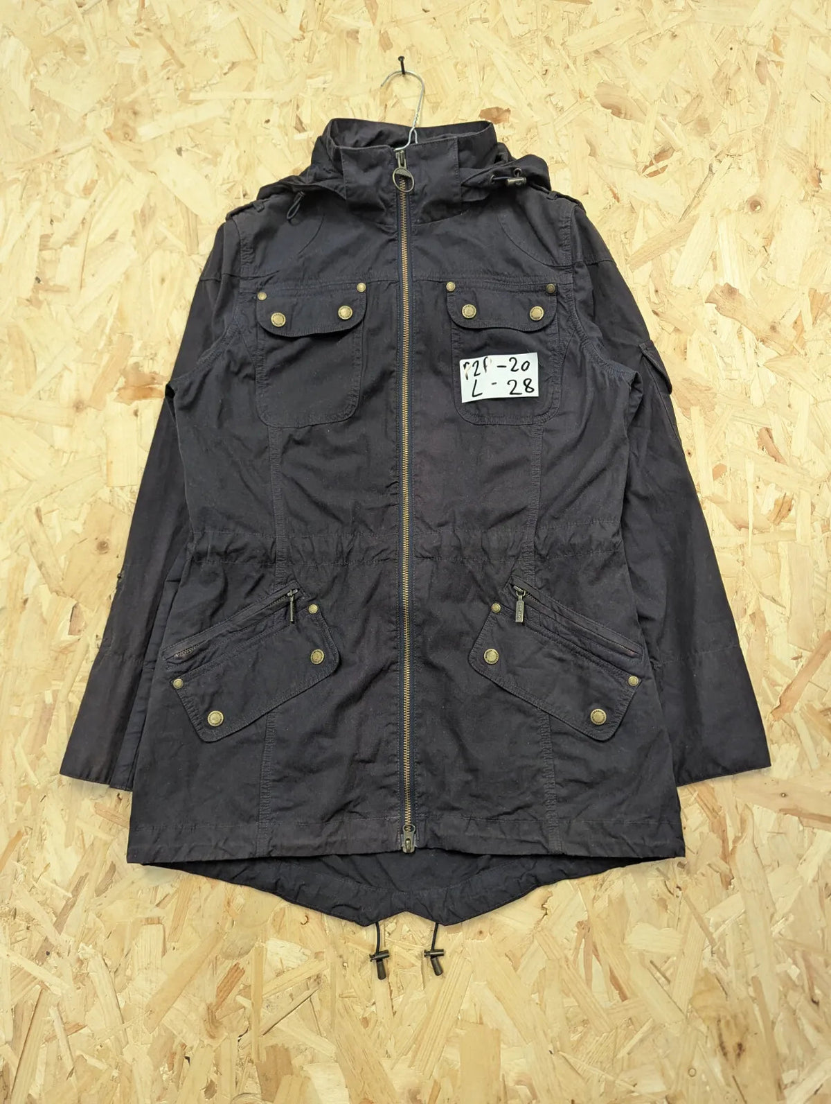 Barbour Parka Womens UK10 Navy Blue Waxed Cotton Hooded Fishtail Hooded Coat