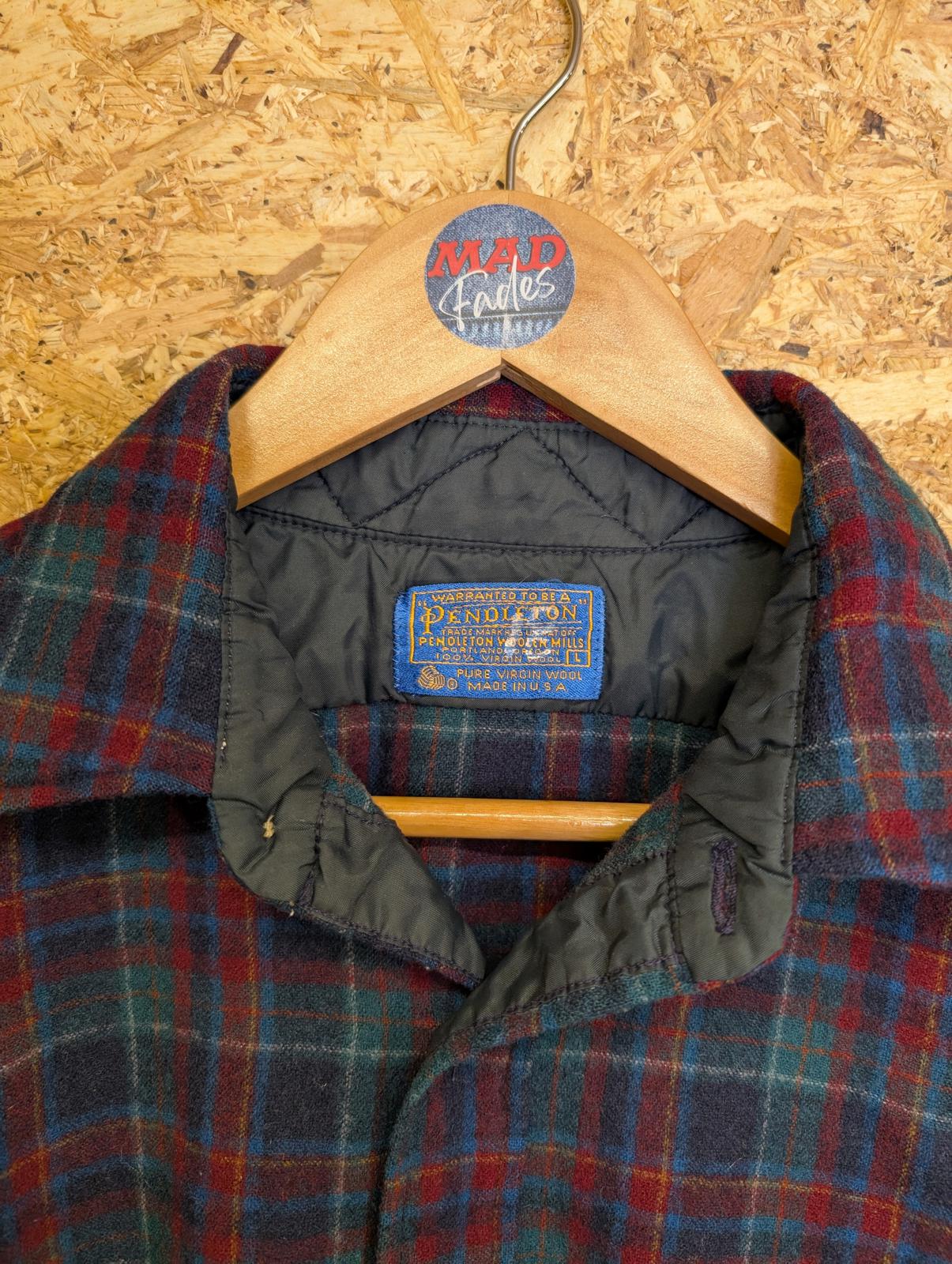 Pendleton Shirt Mens Large Blue Green Red Navy Check Plaid Wool Made In USA