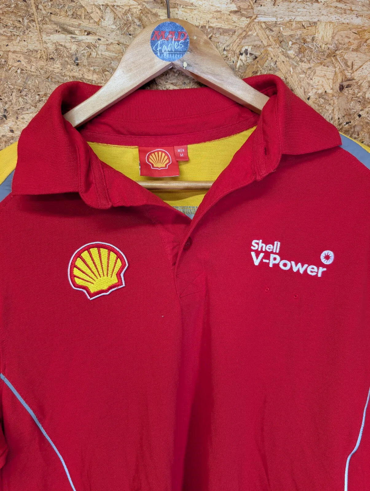 Ferrari Shell Long Sleeve Polo Shirt Mens Medium Red Yellow Cotton Reflective