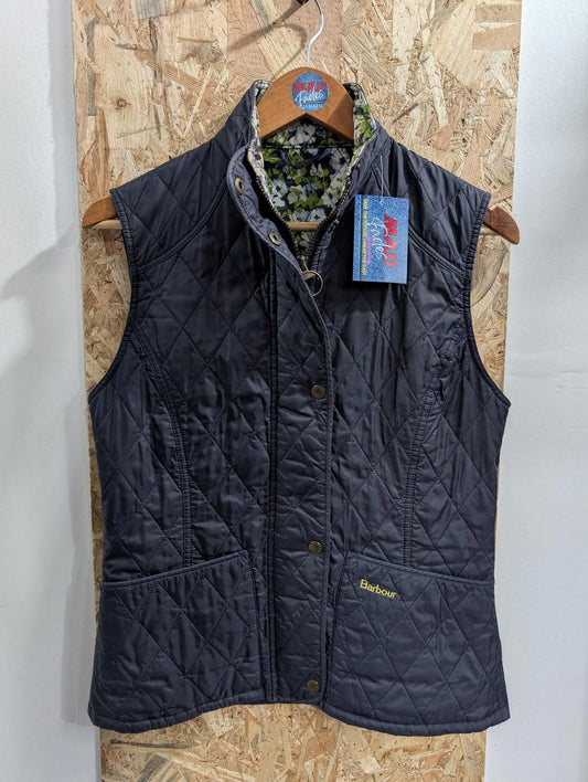 Barbour Liddesdale Gilet Women UK 8 Quilted Floral Lining Navy Blue Padded Vest Lightweight