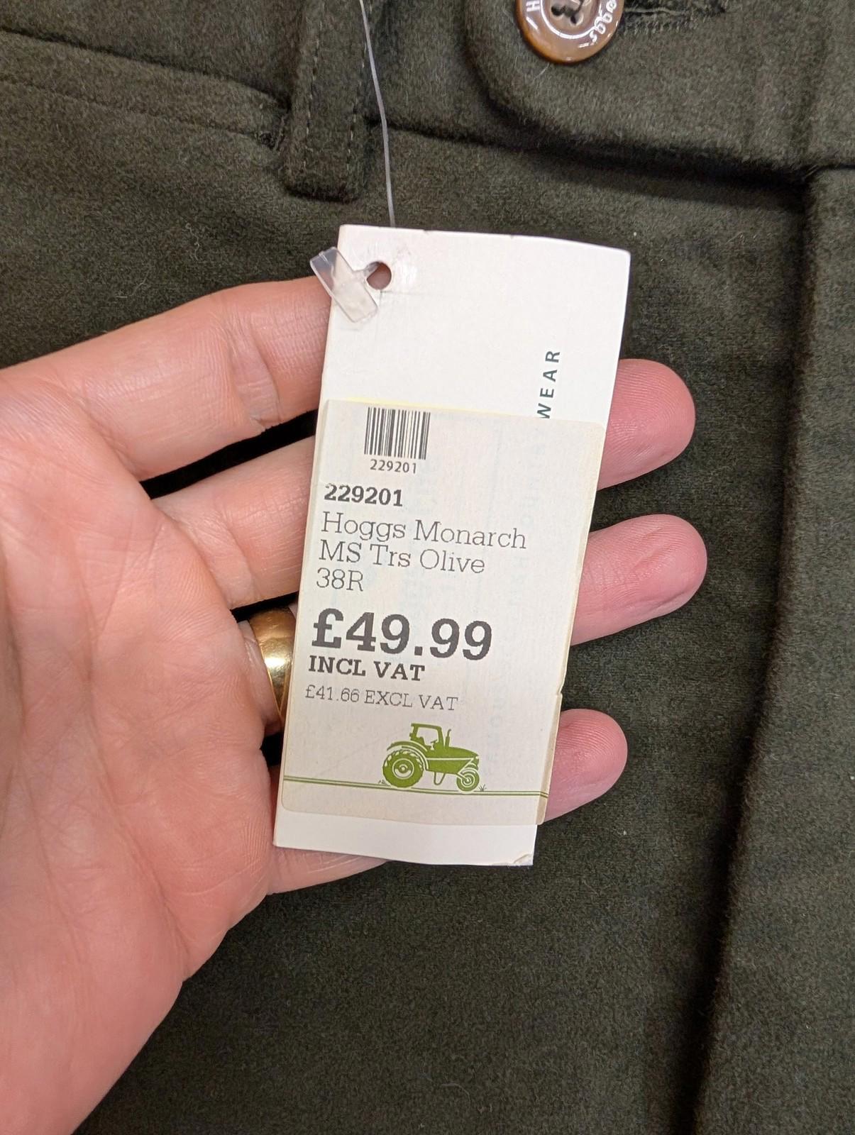 Hoggs Monarch Trousers Mens W38 L31 Moleskin Olive Green Relaxed Fit Brushed Cotton