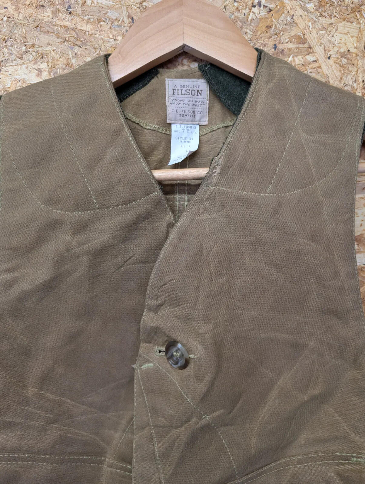 Filson Tin Cloth Hunting Vest Mens Large Style 31 Gilet Brown Wax Tin Cloth Tan