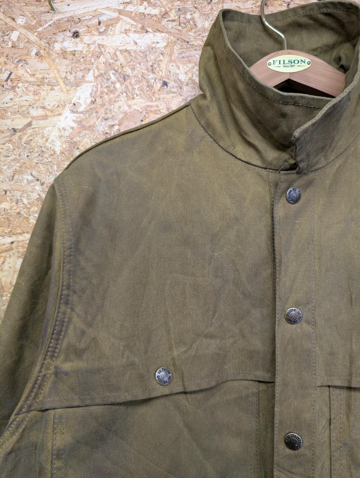 Filson Tin Cloth Cruiser Field Jacket Men Medium Long Brown Snap Double USA Tan