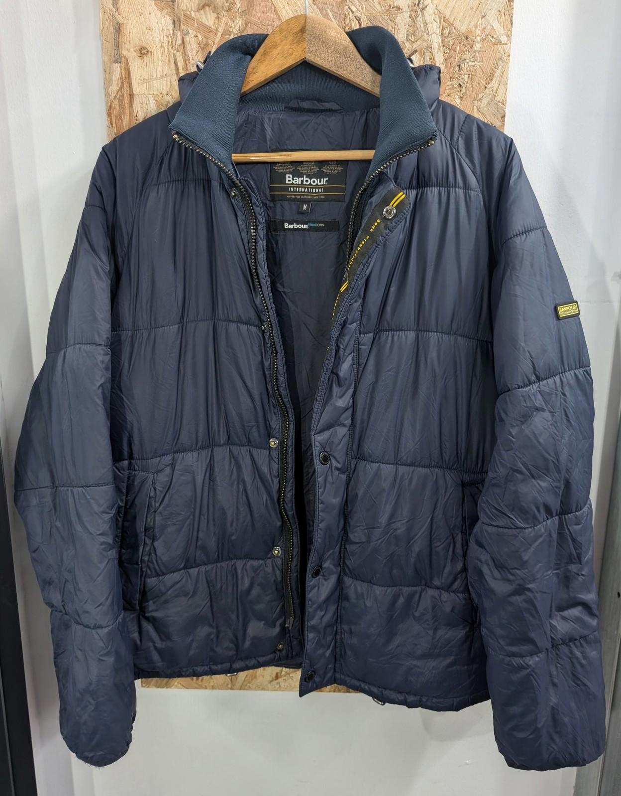 Barbour International Busa Down Jacket Medium Men Quilted Hood Navy Blue Puffer