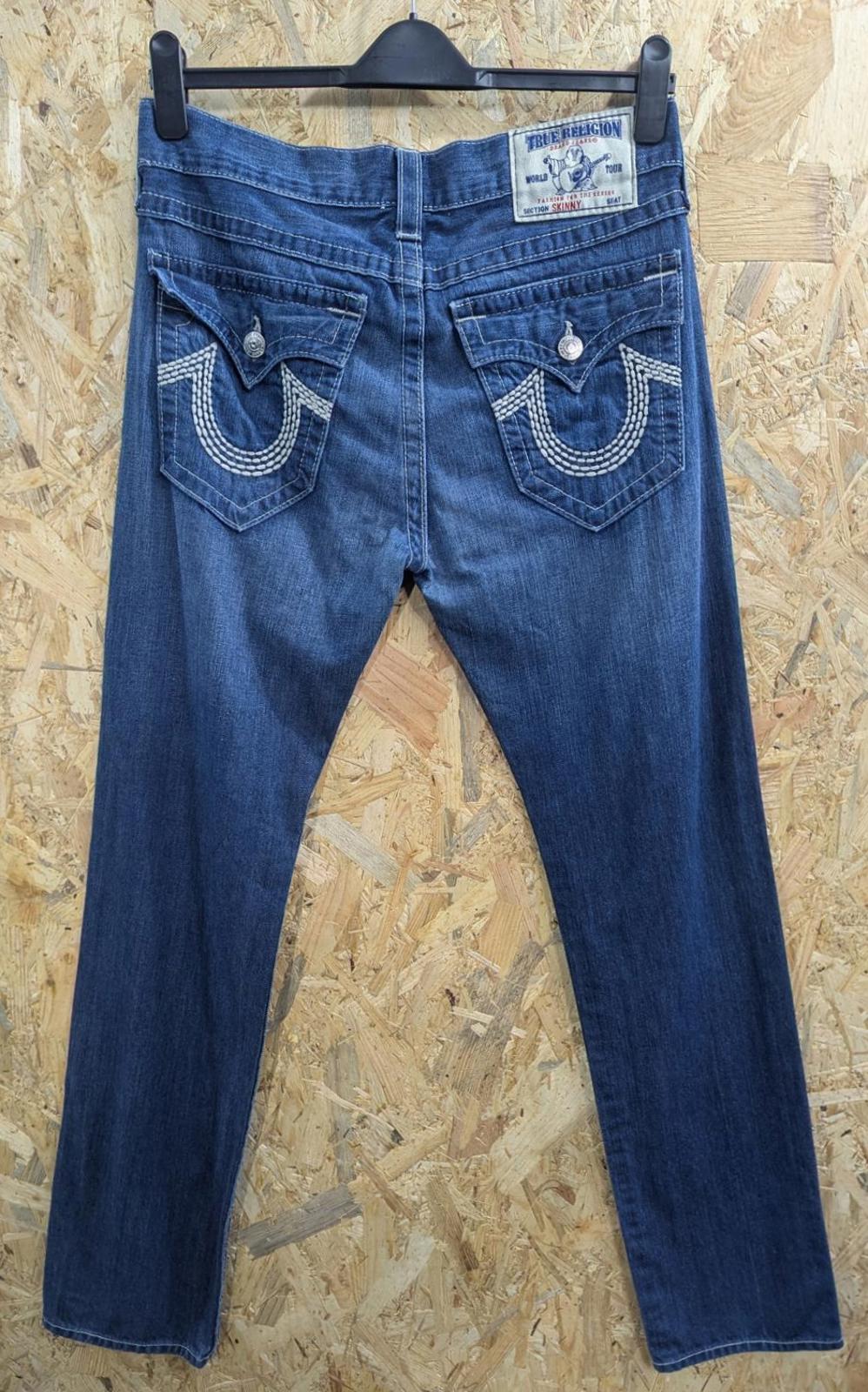 True Religion Jeans W32 L34 Men Skinny USA Made Navy Blue Denim Zip Fly Slim Fit