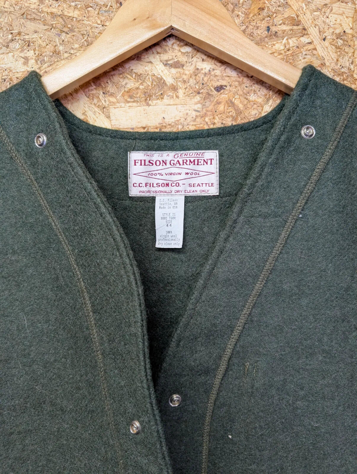 Filson Mackinaw 21 Wool Vest Men 44 XL Forest Green Snap Liner Gilet Body Warmer