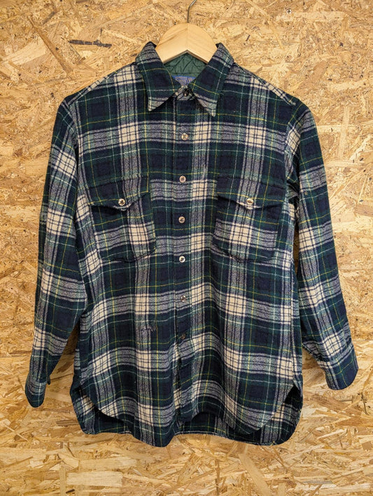 Pendleton Trail Shirt Kinds Medium 16 Navy Blue Green Check Plaid Wool Made USA