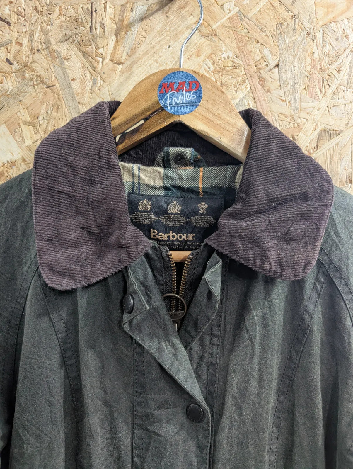 Barbour Beadnell Green Wax Jacket Womens UK6 Tartan Lined Cord Waterproof