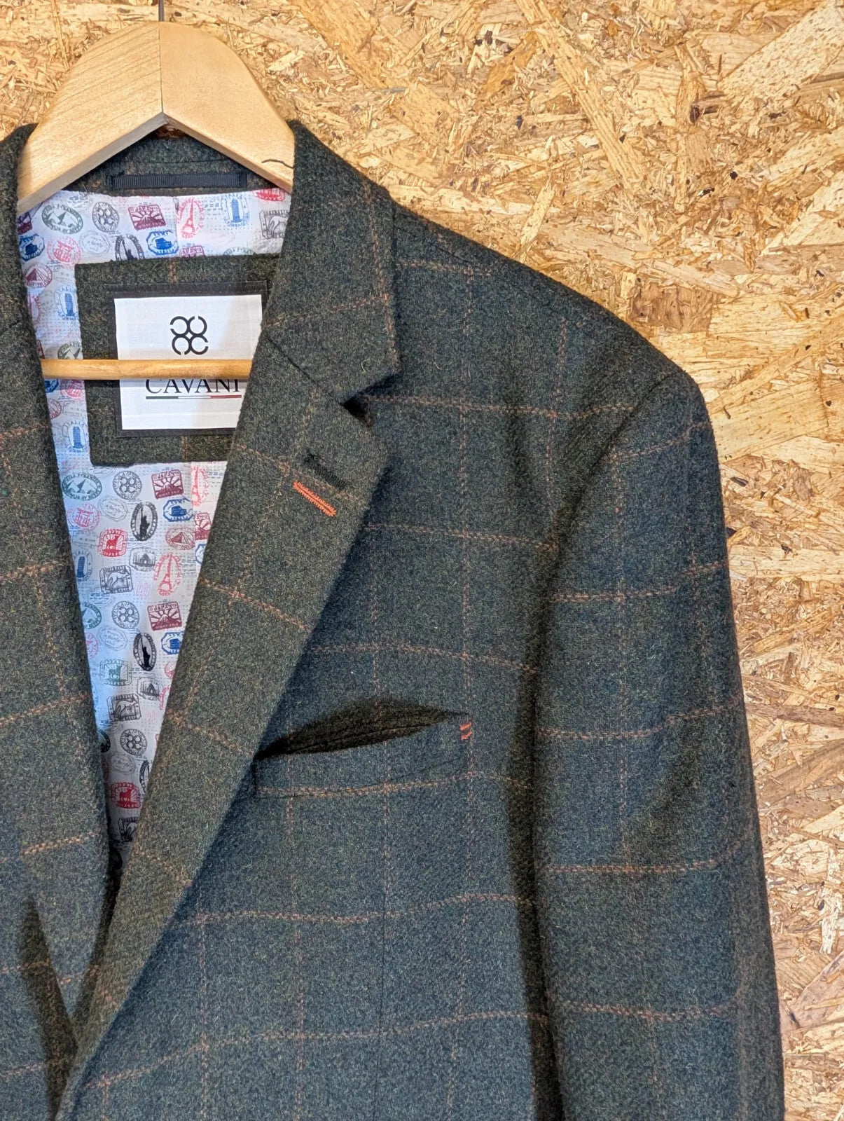 Cavani Tweed Blazer Mens UK XXL 46 Green Wool Checked Jacket Derby Button Up
