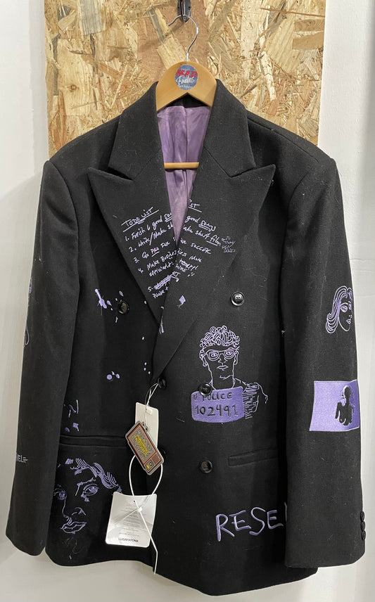 Kid Super Embroidery Double Breasted Suit Blazer Black Purple Jacket XL New £399