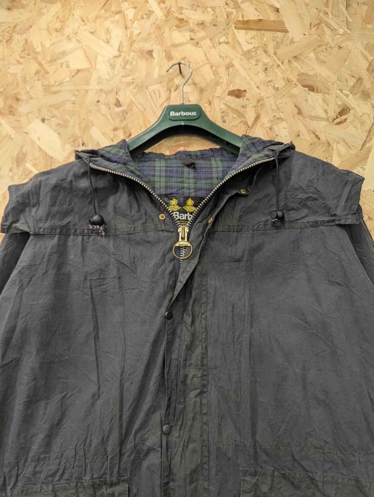 Vintage Barbour Durham Wax Jacket Mens Medium C40 Black A6 Tartan Plaid Hood 90s