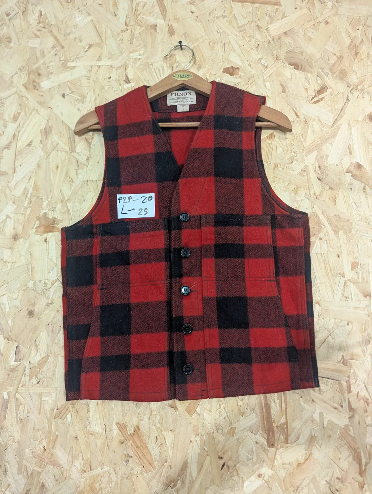 Filson Mackinaw Vest Mens Small Red Black Check Buffalo Heavy Wool USA Made
