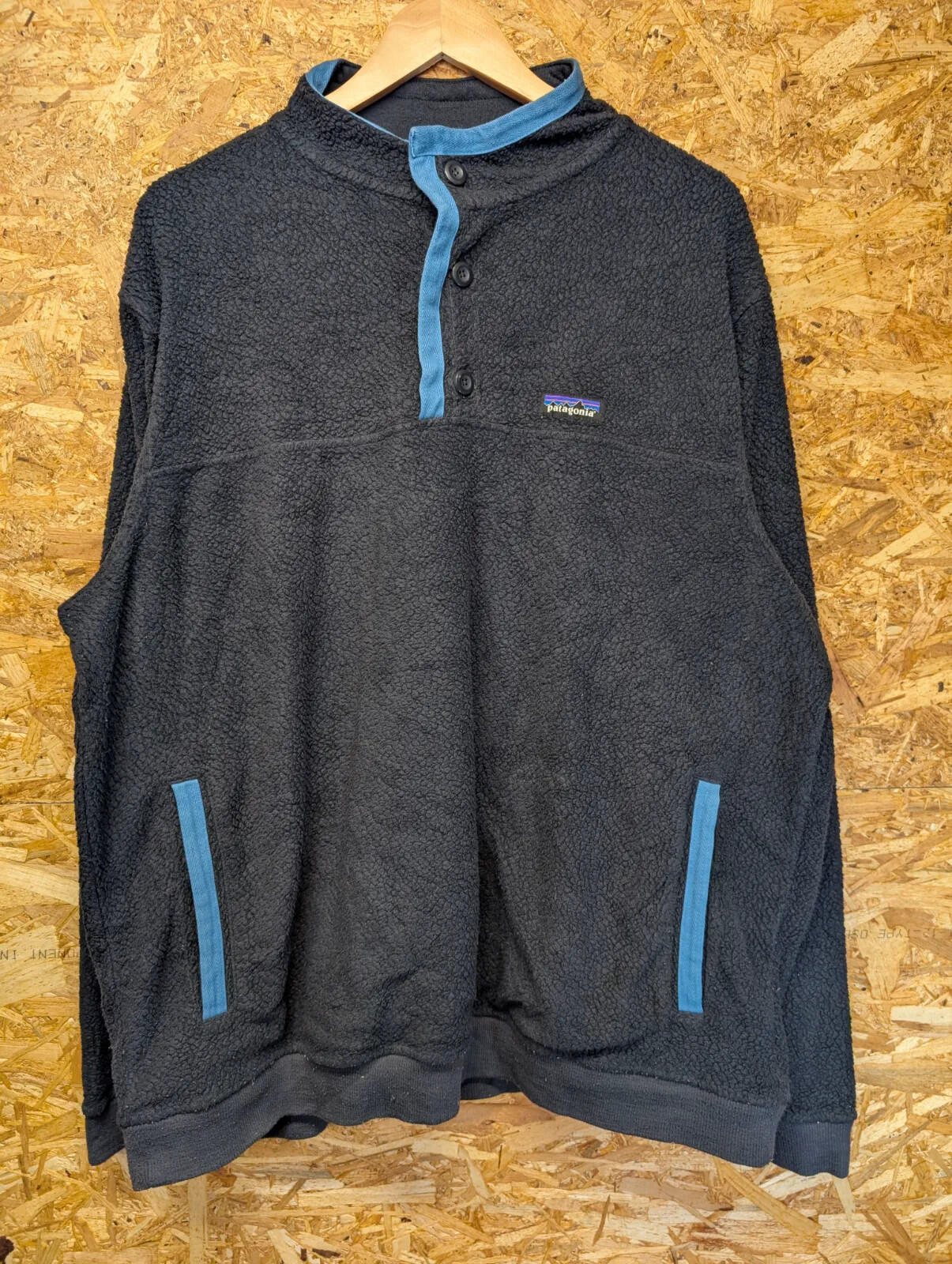 Patagonia Shearling Button Pullover Fleece Mens XXL Charcoal Blue Pink Pockets