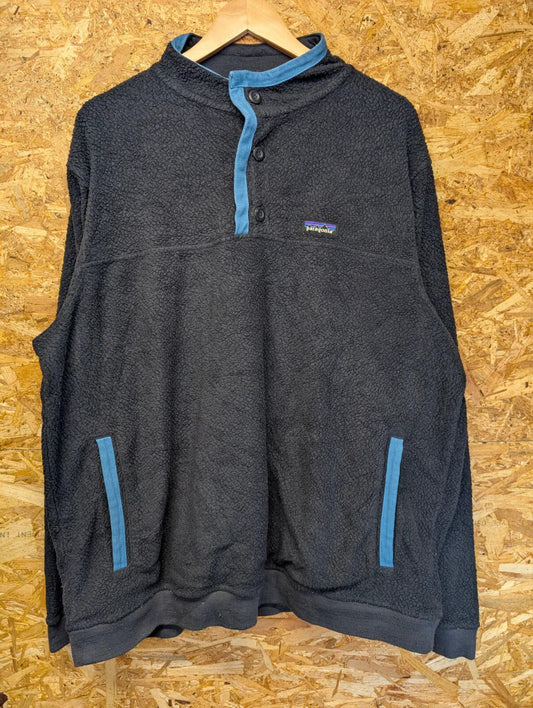 Patagonia Shearling Button Pullover Fleece Mens XXL Charcoal Blue Pink Pockets