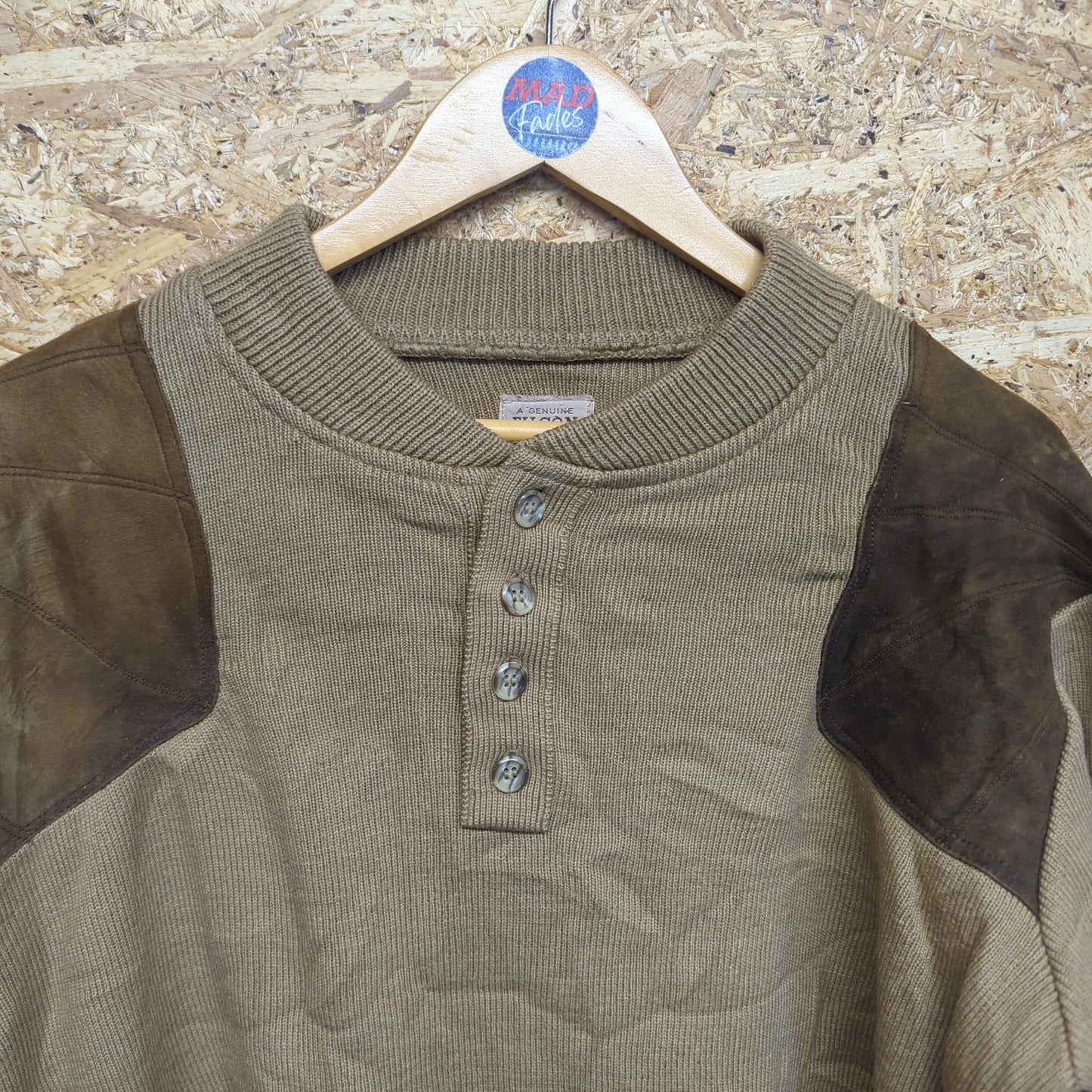 Filson Tan Brown Wool Henley Button Crew Neck Jumper Suede Sweater USA Medium