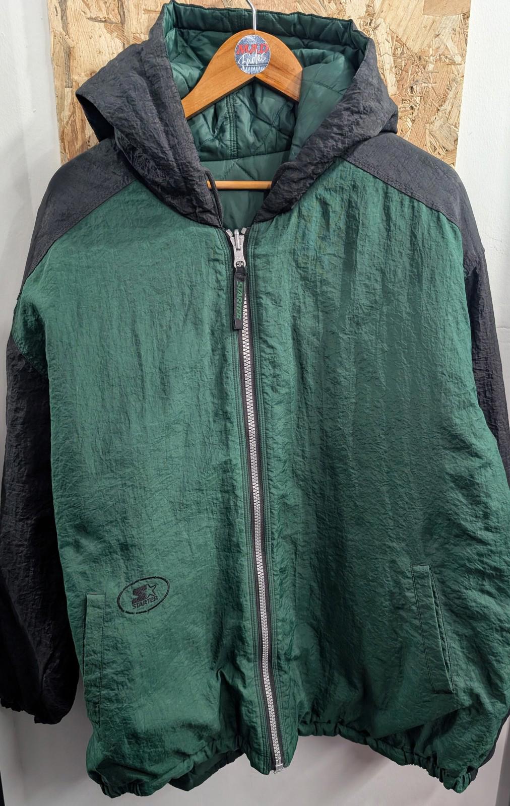 Starter Quilted Jacket Large Men Hooded Reversible Green Black Nylon USA