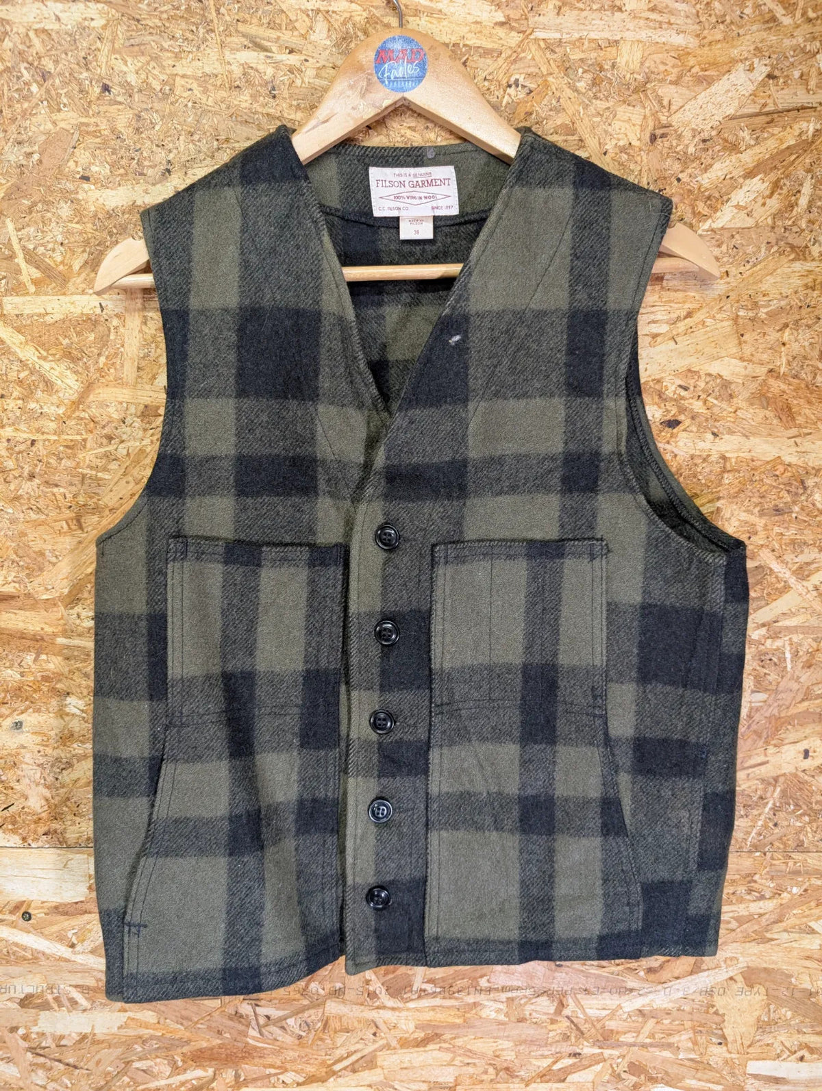 Filson Mackinaw Check Wool Vest Men Small 38 Green Black Gilet USA Pocket Plaid