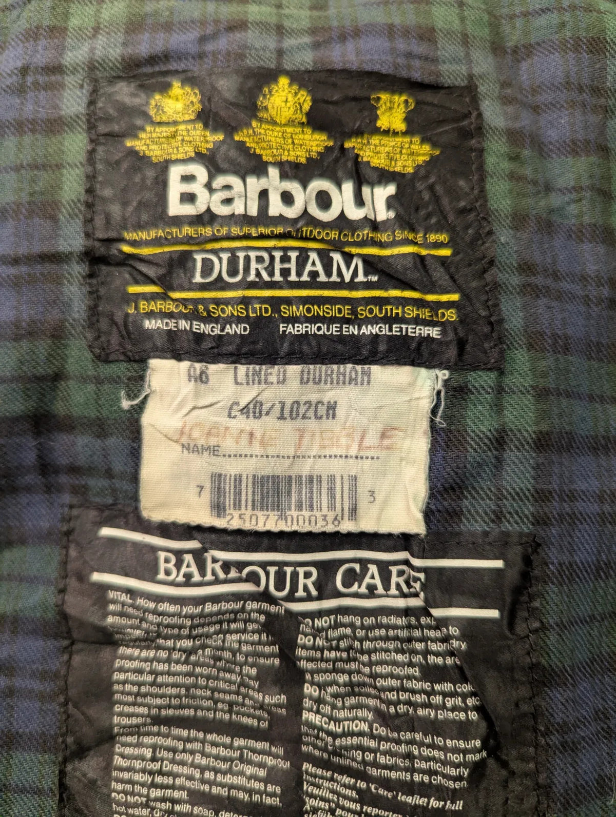 Vintage Barbour Durham Wax Jacket Mens Medium C40 Black A6 Tartan Plaid Hood 90s