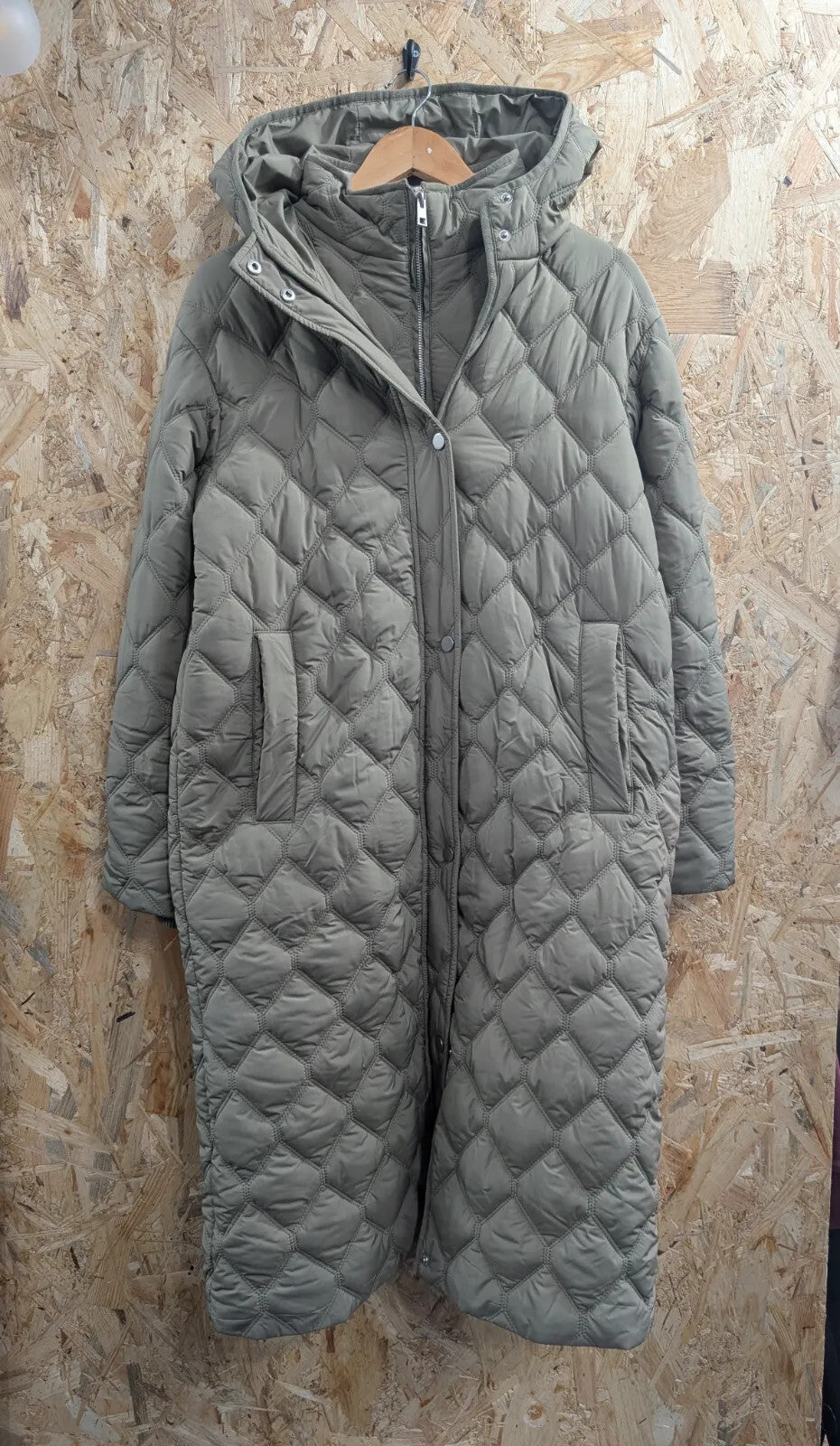 Mint Velvet Coat Womens Small Quilted Hooded Khaki Green Padded Parka 2-Layers