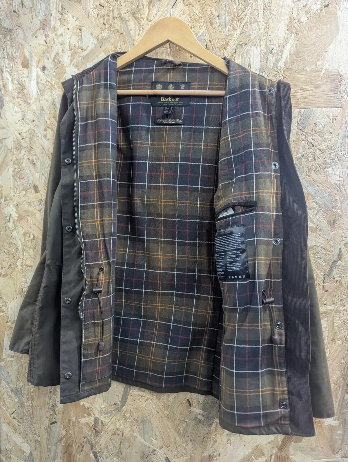 Barbour Sapper Wax Jacket Women UK14 Olive Green Cotton Tartan Lined Cord Collar