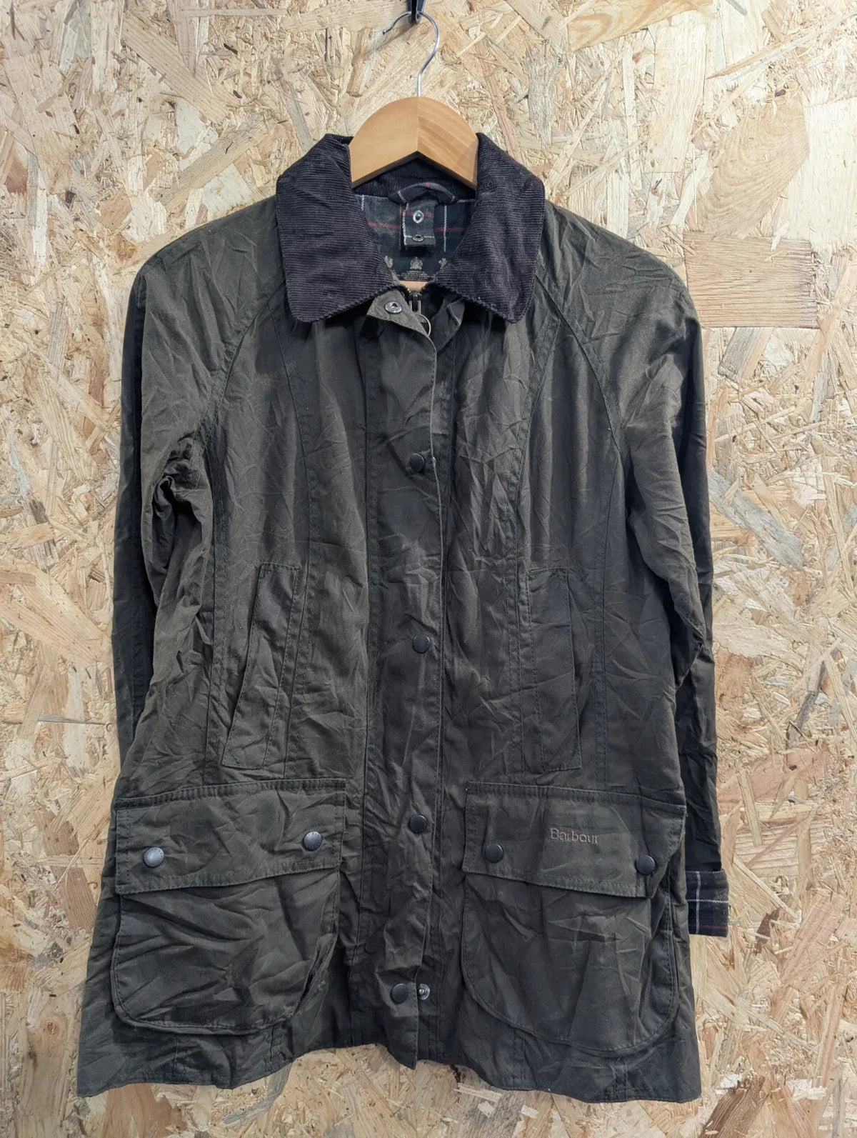 Barbour Beadnell Wax Jacket Womens UK8 Dark Olive Green Cotton Tartan Liner Cord