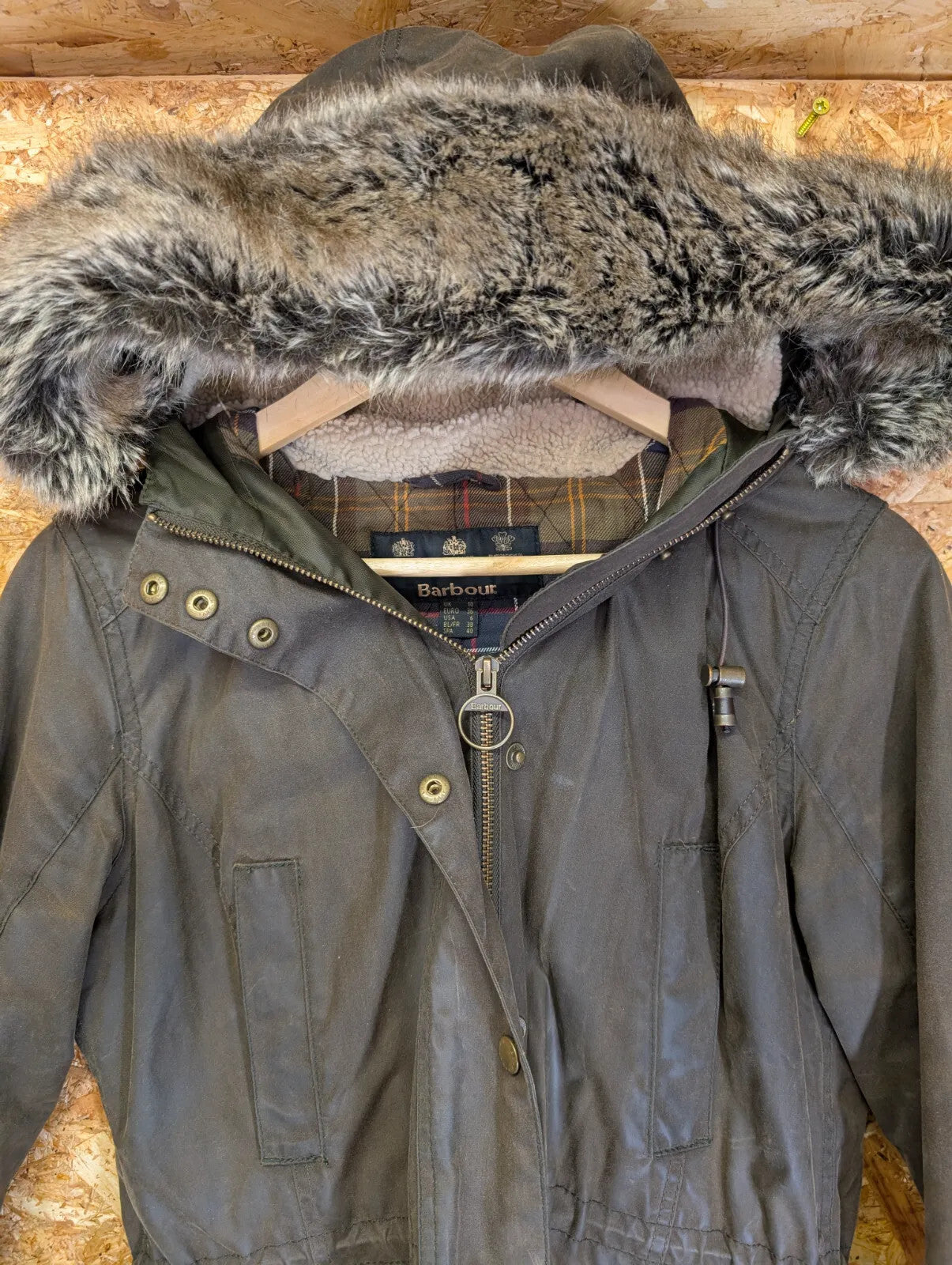 Barbour Kelsall Hooded Wax Jacket Womens UK10 Olive Green Padded Fleece Hood