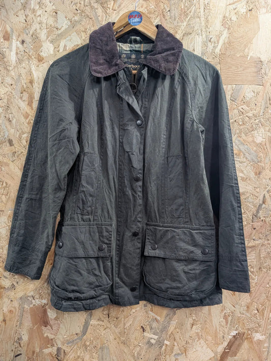 Barbour Beadnell Green Wax Jacket Womens UK6 Tartan Lined Cord Waterproof