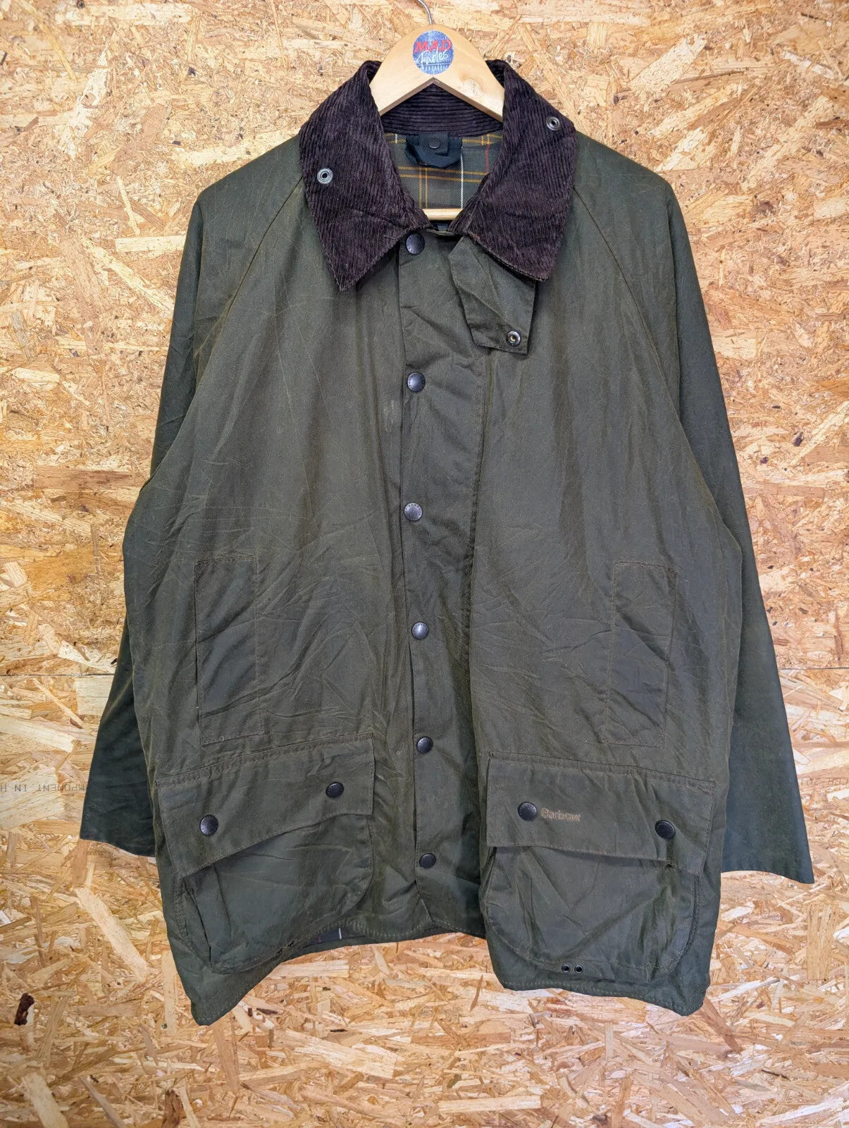 Barbour Classic Beaufort Wax Jacket Mens Large C42 Olive Green Cotton Tartan