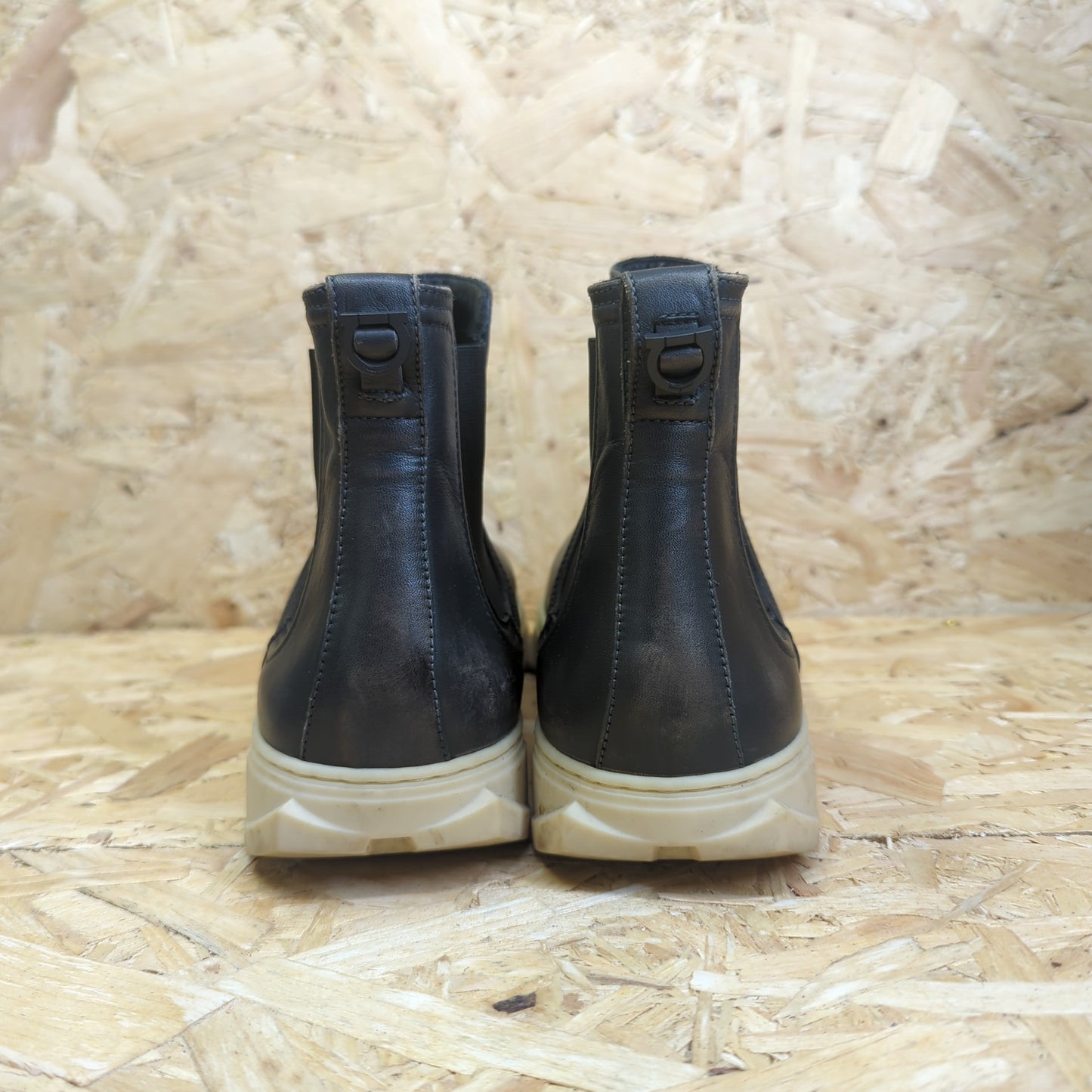 Salvatore Ferragamo Talos Lead Grey Calf Leather Black Chelsea Sneakers 8 UK 42