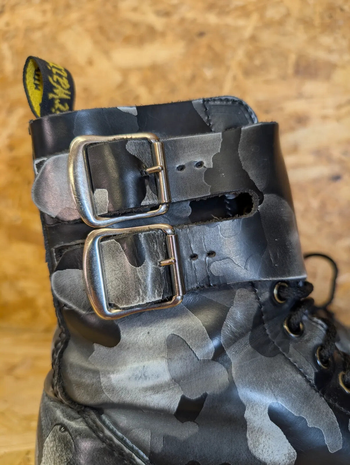 Dr Martens Combat Boots UK 5 Black Silver Leather Camouflage Buckle England Made