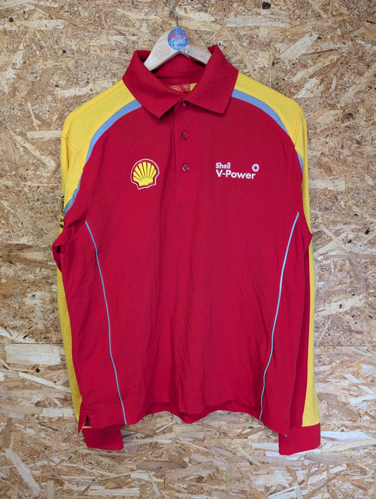 Ferrari Shell Long Sleeve Polo Shirt Mens Medium Red Yellow Cotton Reflective