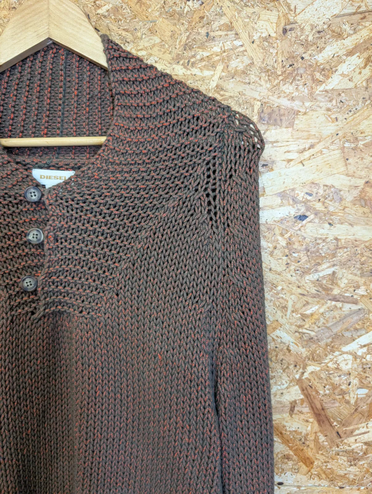 Diesel Chunky Knit Jumper Men XL Brown Orange Speckle Cotton Button Shawl Collar