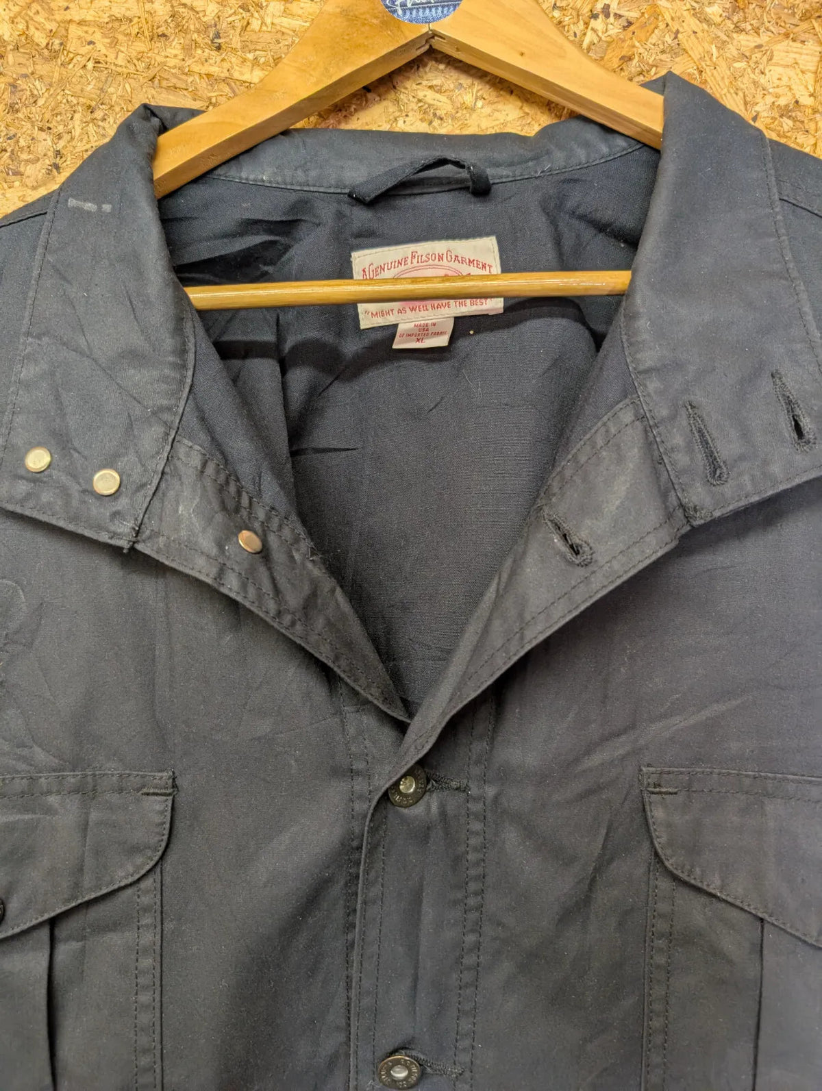 Filson Field Jacket Mens XL Black Blue Snap Drawstring Utility Pockets USA Made
