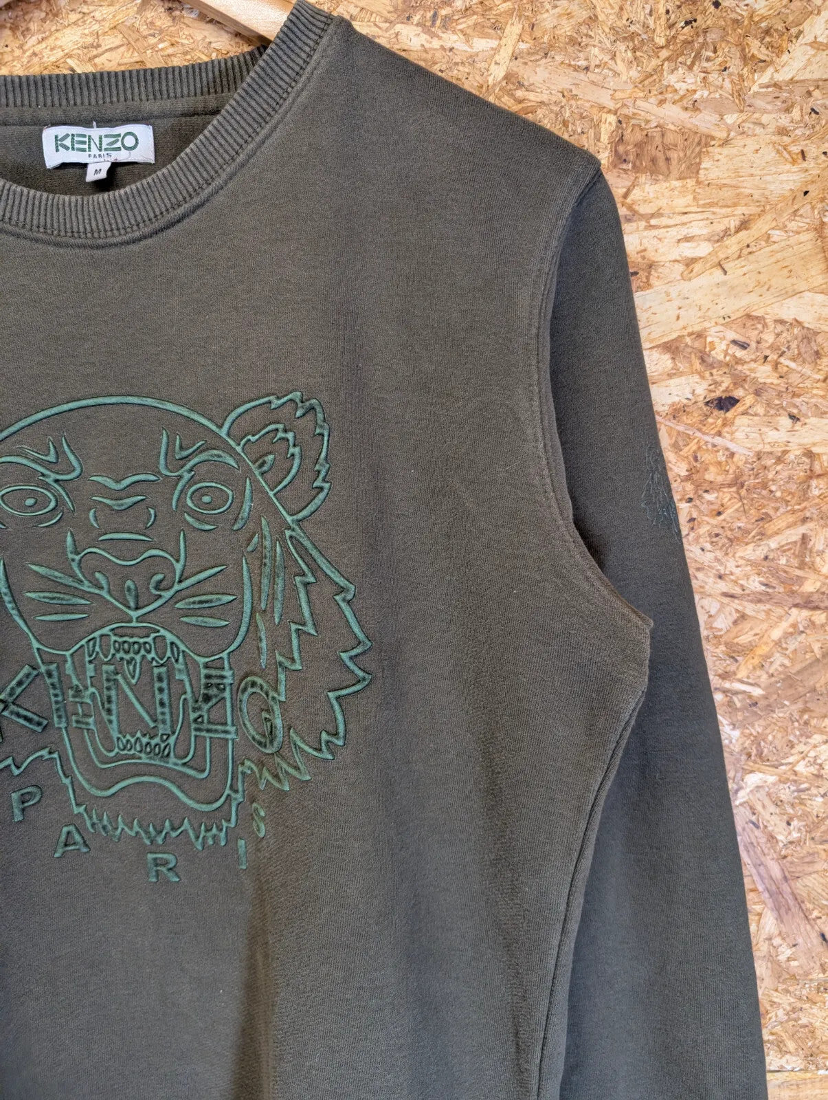 Kenzo Crew Neck Sweatshirt Mens Medium Olive Green Raised Tiger Graphic Logo