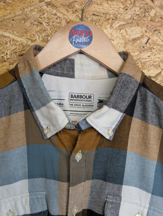 Barbour International Steve McQueen Shirt Large 42 Long Sleeve Green Brown Check