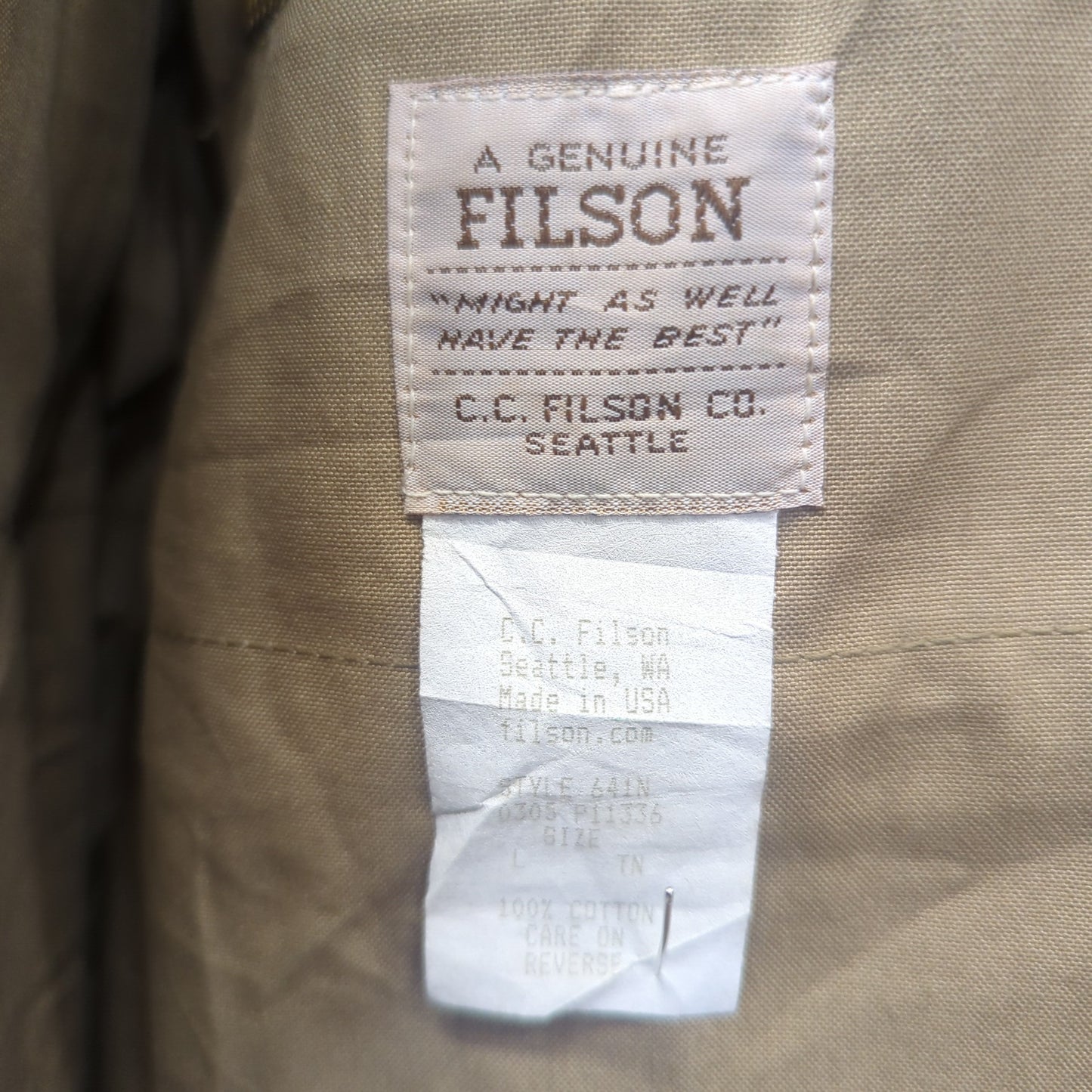 Filson Tin Cloth Field Jacket 641N Canvas Dark Tan Wool Collar Made USA Large