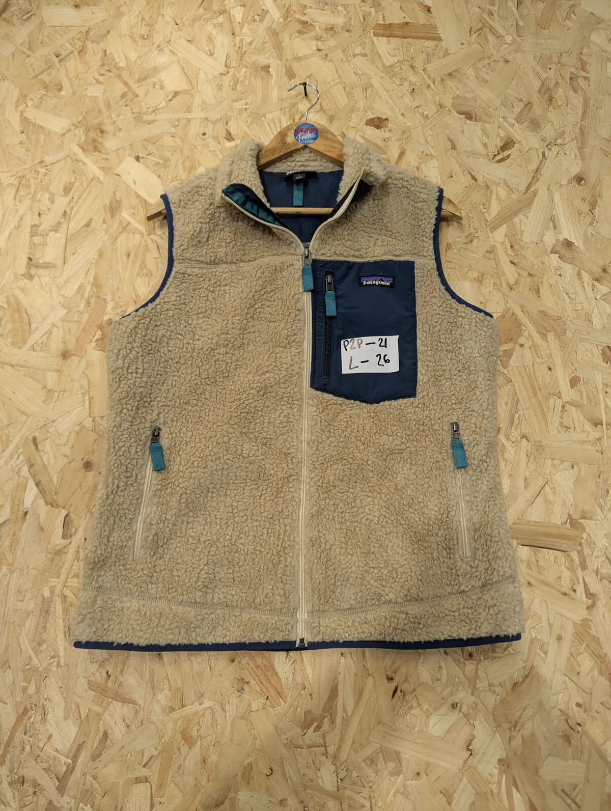 Patagonia Retro-X Fleece Gilet Mens Large Oatmeal Beige Navy Vest Deep Pile