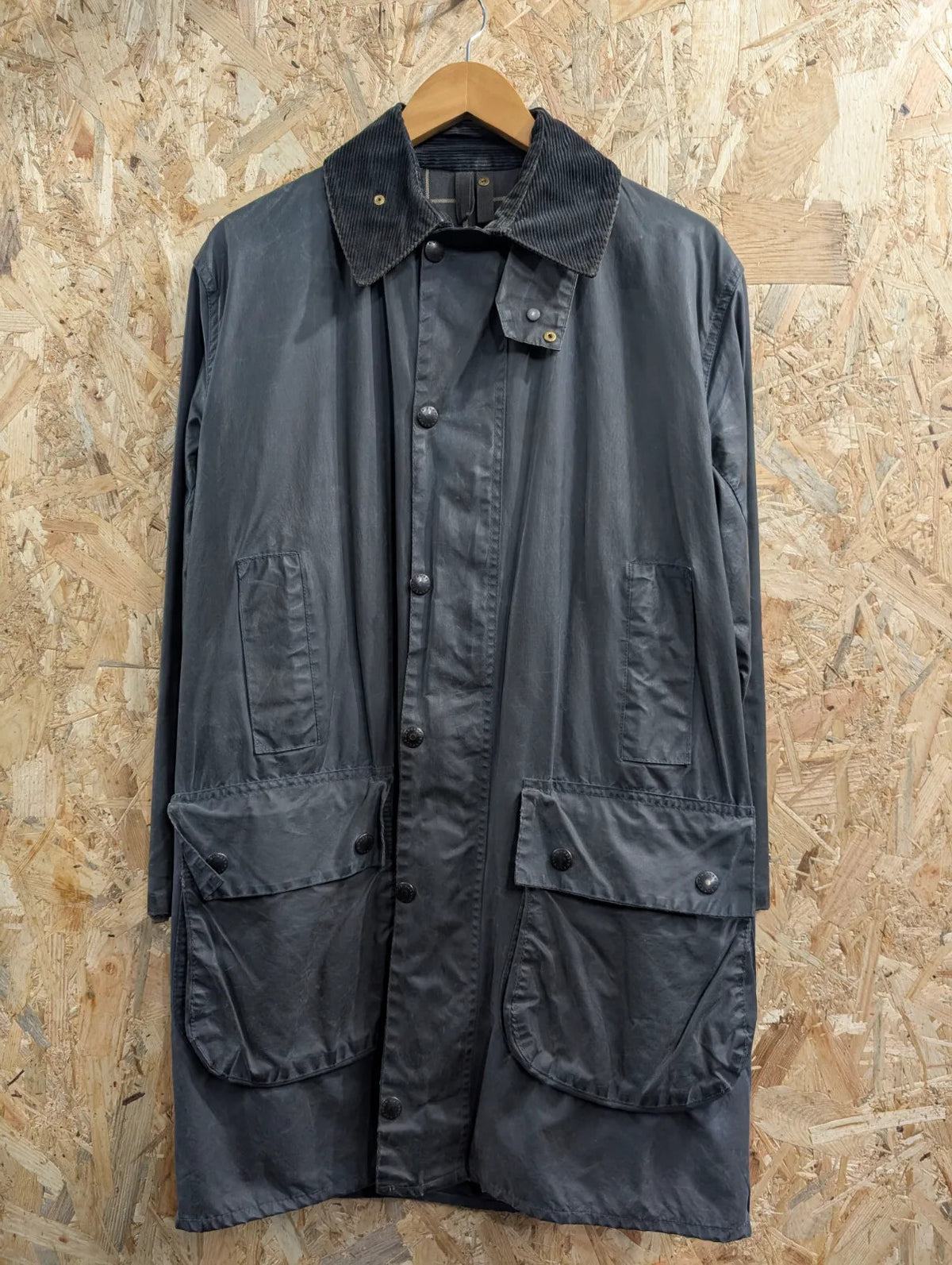 Barbour Border Wax Coat Men Small C36 91cm Navy Cotton Tartan Lining Cord Collar