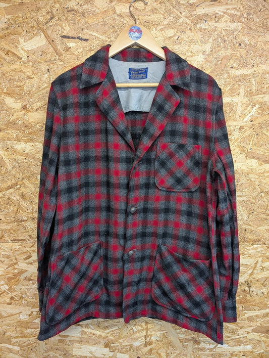 Pendleton Wool Chore Jacket Medium Men Plaid Vintage Red Grey Checked USA Made