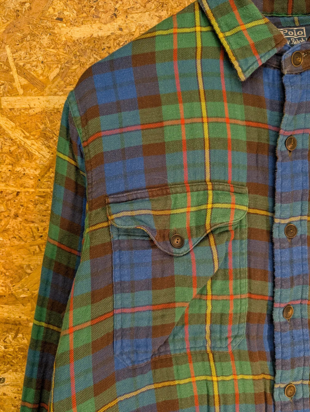 Vintage Ralph Lauren Lined Shirt Mens Large Green Blue Cotton Flannel Plaid 90s