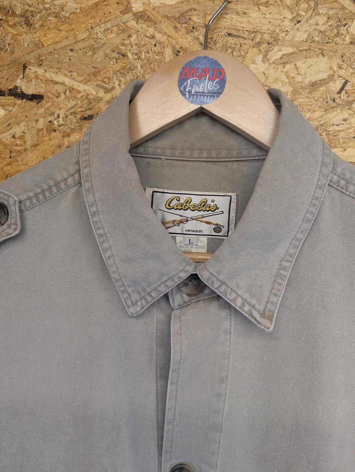 Cabelas Safari Chore Jacket Large Men USA Button Pockets Epaulettes Grey Khaki