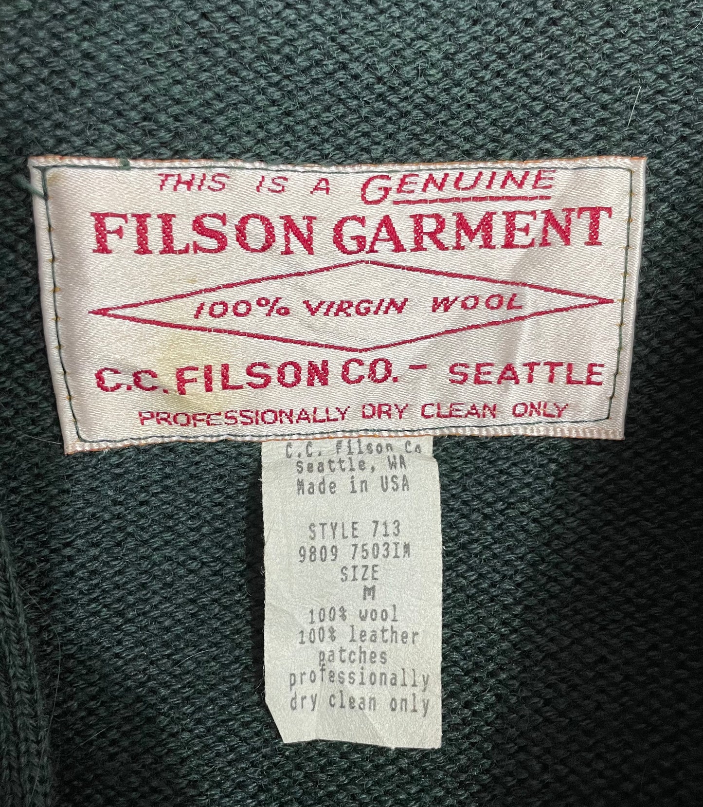 Filson Mens Vintage Green Wool Leather Cardigan Style 713 USA Made Size Medium