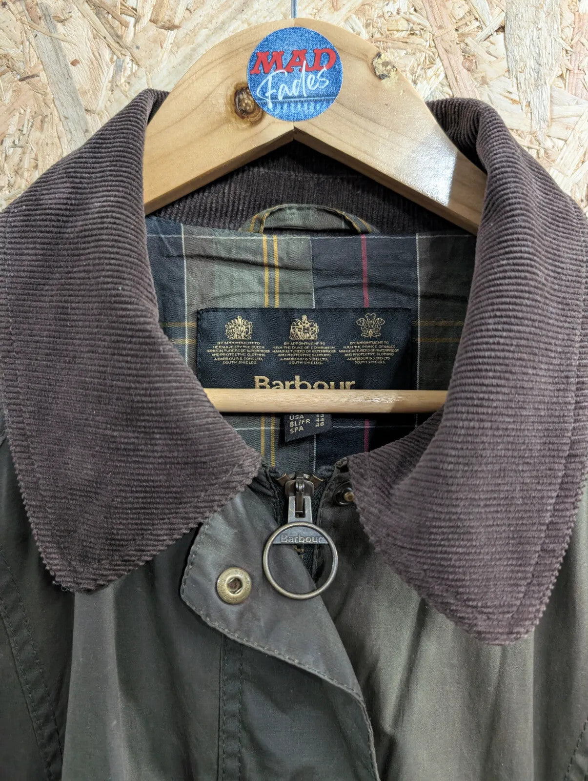 Barbour Flyweight Tartan Wax Jacket Womens UK12 Dark Green Cotton Cord Collar