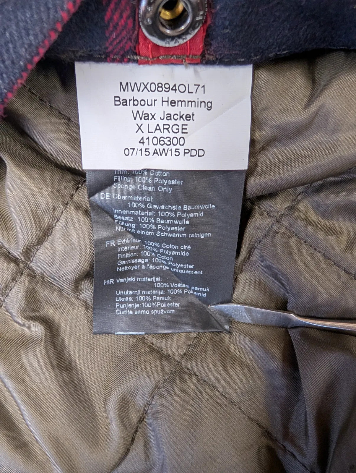 Barbour Hemming Padded Wax Jacket Mens XL Green Classic Tartan Quilted Corduroy