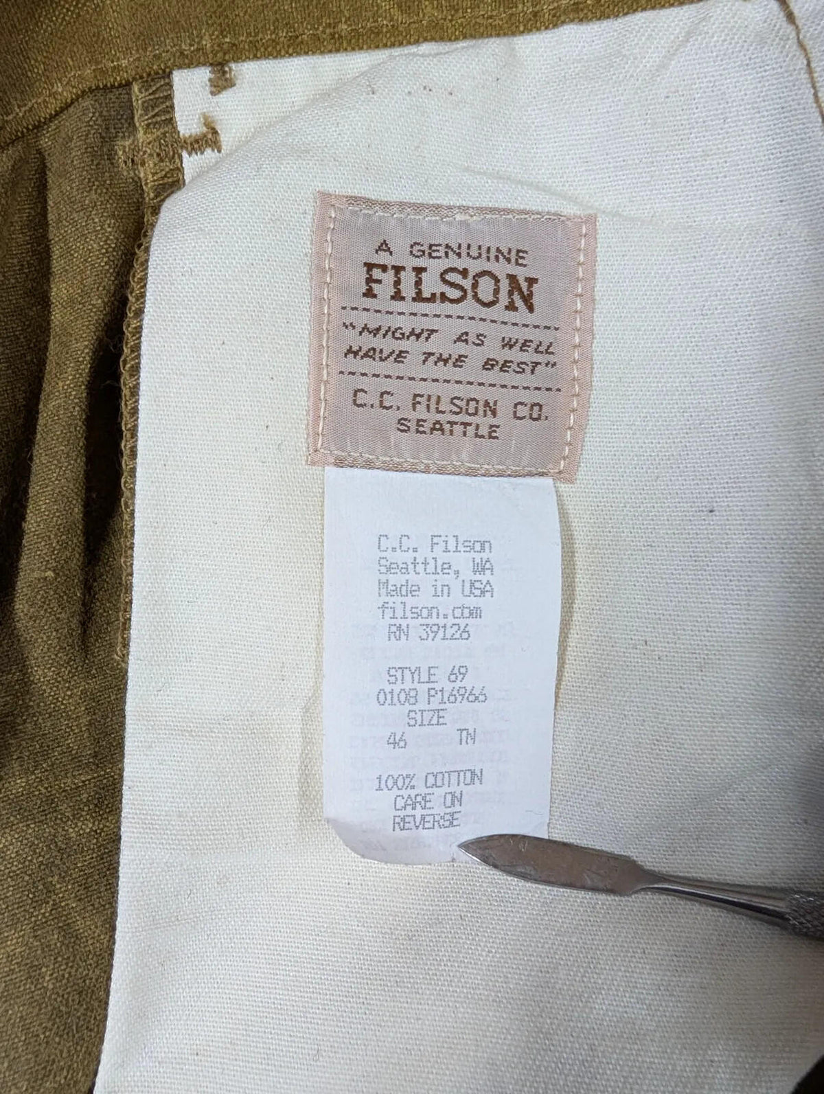 Filson Single Tin Cloth Pants W44 L31 Style 69 Thorn Trousers Workwear USA Made