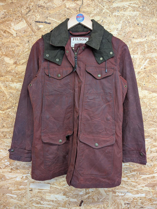 Filson Moorcroft Hooded Wax Jacket Size Small Women Lined Coat Burgundy Tin