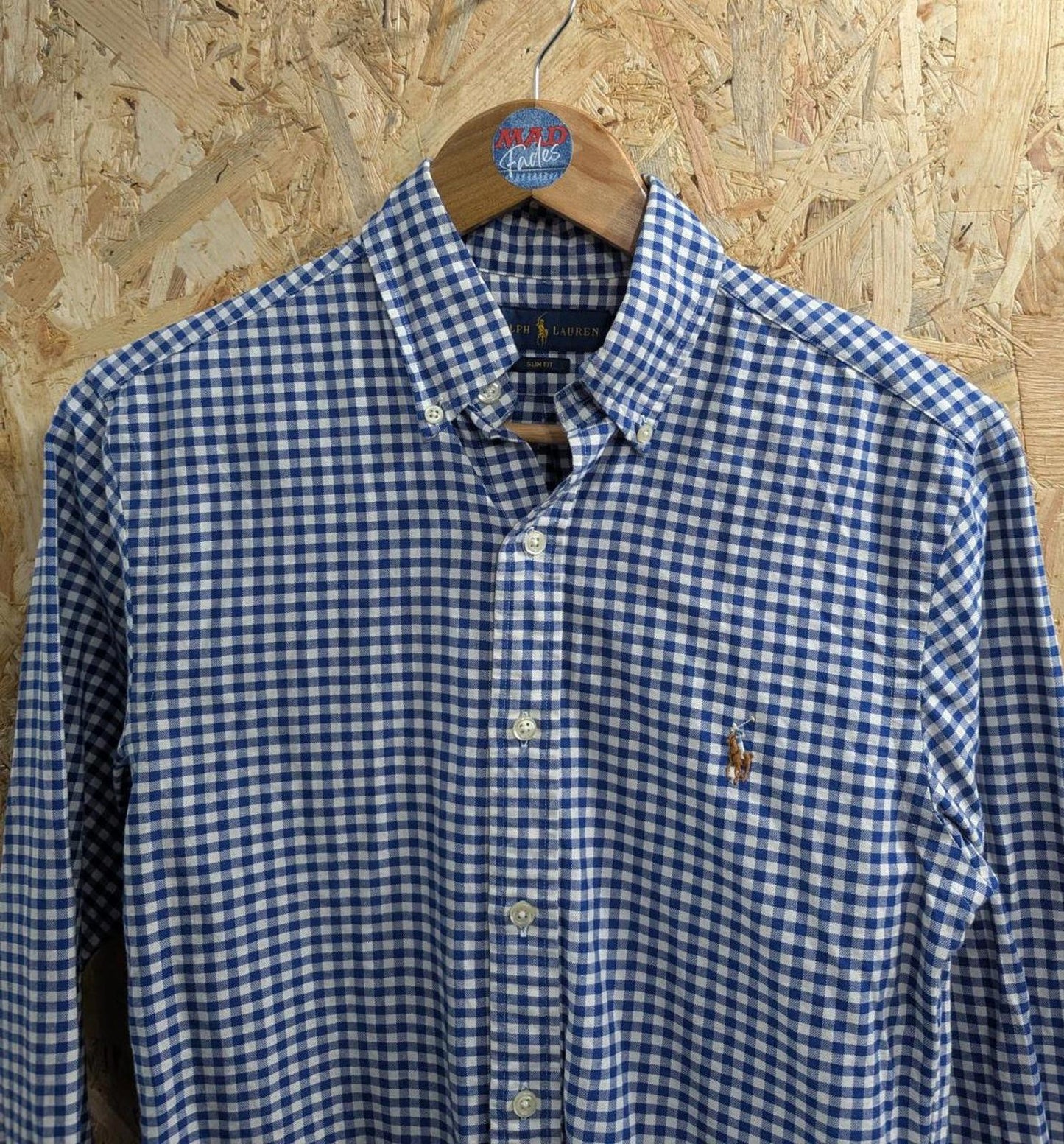 Ralph Lauren Shirt XS Men Blue White Gingham Check L/S Button Collar Polo Slim